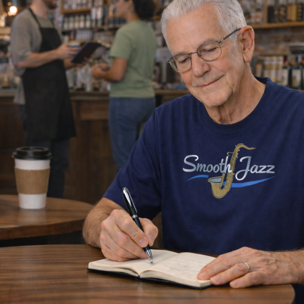 Photo of me journaling at coffee shop